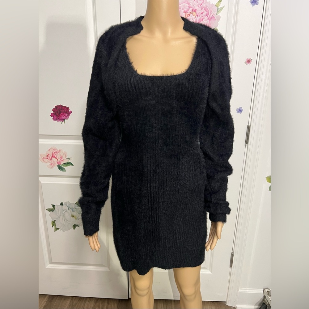 Elegant Black Fuzzy Midi Dress